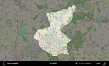 Mansfield. Birleşik Krallık 'ın idari alanı karartılmış bir OpenStreetMap tarzı Alman haritasına vurgulanmış ve özetlenmiştir