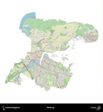 Medway. Birleşik Krallık 'ın idari alanı bir OpenStreetMap Alman stili haritasında beyazda izole edildi