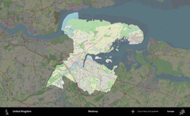 Medway. Birleşik Krallık 'ın idari alanı karartılmış bir OpenStreetMap tarzı Alman haritasına vurgulanmış ve özetlenmiştir