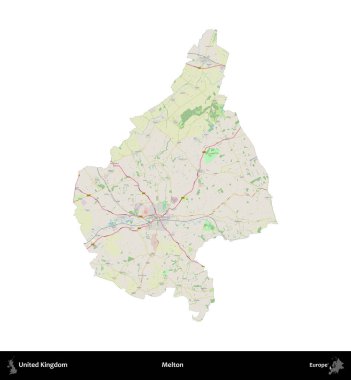 Melton. Birleşik Krallık 'ın idari alanı bir OpenStreetMap Alman stili haritasında beyazda izole edildi