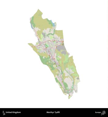 Merthyr Tydfil. Birleşik Krallık 'ın idari alanı bir OpenStreetMap Alman stili haritasında beyazda izole edildi