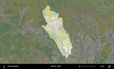Merthyr Tydfil. Birleşik Krallık 'ın idari alanı karartılmış bir OpenStreetMap tarzı Alman haritasına vurgulanmış ve özetlenmiştir