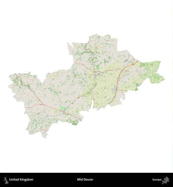 Devon 'ın ortası. Birleşik Krallık 'ın idari alanı bir OpenStreetMap Alman stili haritasında beyazda izole edildi