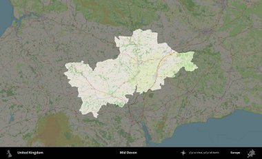 Devon 'ın ortası. Birleşik Krallık 'ın idari alanı karartılmış bir OpenStreetMap tarzı Alman haritasına vurgulanmış ve özetlenmiştir
