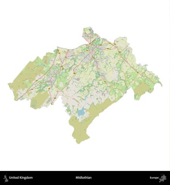 Midlothian. Birleşik Krallık 'ın idari alanı bir OpenStreetMap Alman stili haritasında beyazda izole edildi