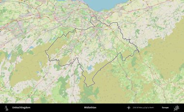 Midlothian. Bir OpenStreetMap Alman stil haritasında Birleşik Krallık 'ın özetlenmiş idari alanı