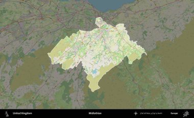 Midlothian. Birleşik Krallık 'ın idari alanı karartılmış bir OpenStreetMap tarzı Alman haritasına vurgulanmış ve özetlenmiştir