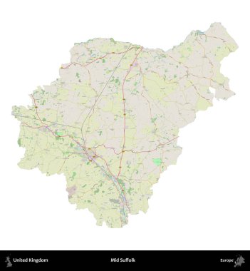 Suffolk 'un ortası. Birleşik Krallık 'ın idari alanı bir OpenStreetMap Alman stili haritasında beyazda izole edildi