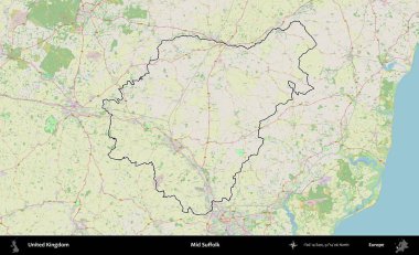 Suffolk 'un ortası. Bir OpenStreetMap Alman stil haritasında Birleşik Krallık 'ın özetlenmiş idari alanı