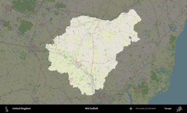 Suffolk 'un ortası. Birleşik Krallık 'ın idari alanı karartılmış bir OpenStreetMap tarzı Alman haritasına vurgulanmış ve özetlenmiştir