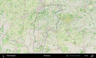 Sussex 'in ortasında. Bir OpenStreetMap Alman stil haritasında Birleşik Krallık 'ın özetlenmiş idari alanı