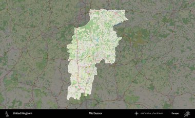 Sussex 'in ortasında. Birleşik Krallık 'ın idari alanı karartılmış bir OpenStreetMap tarzı Alman haritasına vurgulanmış ve özetlenmiştir