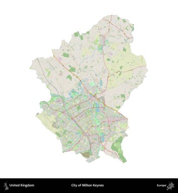 Milton Keynes şehri. Birleşik Krallık 'ın idari alanı bir OpenStreetMap Alman stili haritasında beyazda izole edildi