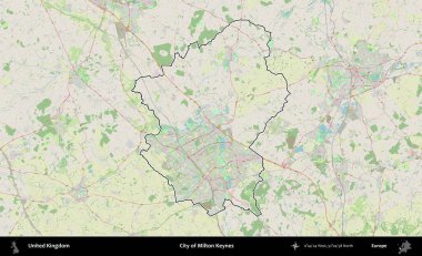 Milton Keynes şehri. Bir OpenStreetMap Alman stil haritasında Birleşik Krallık 'ın özetlenmiş idari alanı