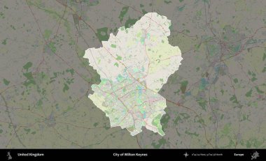 Milton Keynes şehri. Birleşik Krallık 'ın idari alanı karartılmış bir OpenStreetMap tarzı Alman haritasına vurgulanmış ve özetlenmiştir