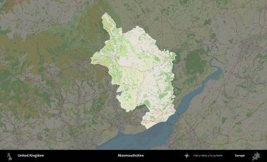 Monmouthshire 'da. Birleşik Krallık 'ın idari alanı karartılmış bir OpenStreetMap tarzı Alman haritasına vurgulanmış ve özetlenmiştir