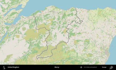 - Moray. Bir OpenStreetMap Alman stil haritasında Birleşik Krallık 'ın özetlenmiş idari alanı