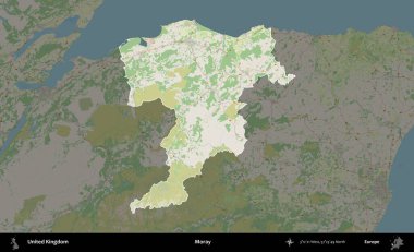 - Moray. Birleşik Krallık 'ın idari alanı karartılmış bir OpenStreetMap tarzı Alman haritasına vurgulanmış ve özetlenmiştir