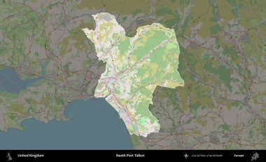 Talbot Limanı 'nın yanında. Birleşik Krallık 'ın idari alanı karartılmış bir OpenStreetMap tarzı Alman haritasına vurgulanmış ve özetlenmiştir