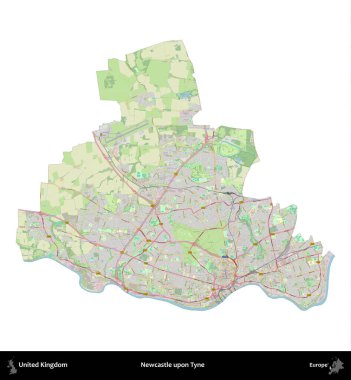 Newcastle Tyne 'da. Birleşik Krallık 'ın idari alanı bir OpenStreetMap Alman stili haritasında beyazda izole edildi