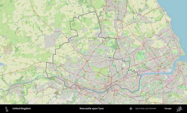 Newcastle Tyne 'da. Bir OpenStreetMap Alman stil haritasında Birleşik Krallık 'ın özetlenmiş idari alanı