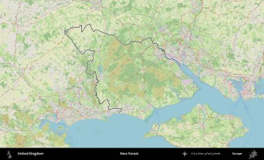 Yeni Orman. Bir OpenStreetMap Alman stil haritasında Birleşik Krallık 'ın özetlenmiş idari alanı