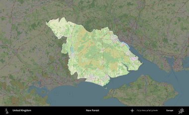 Yeni Orman. Birleşik Krallık 'ın idari alanı karartılmış bir OpenStreetMap tarzı Alman haritasına vurgulanmış ve özetlenmiştir
