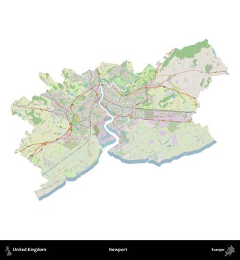 Newport. Birleşik Krallık 'ın idari alanı bir OpenStreetMap Alman stili haritasında beyazda izole edildi