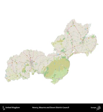 Newry, Mourne ve Down Bölge Konseyi. Birleşik Krallık 'ın idari alanı bir OpenStreetMap Alman stili haritasında beyazda izole edildi