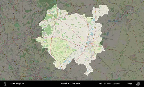 Newark ve Sherwood. Birleşik Krallık 'ın idari alanı karartılmış bir OpenStreetMap tarzı Alman haritasına vurgulanmış ve özetlenmiştir