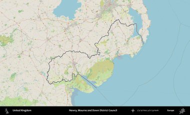 Newry, Mourne ve Down Bölge Konseyi. Bir OpenStreetMap Alman stil haritasında Birleşik Krallık 'ın özetlenmiş idari alanı