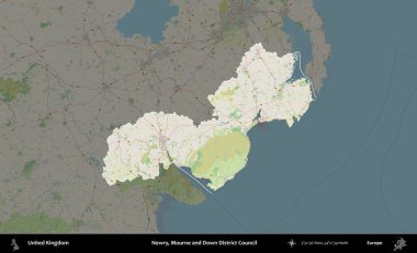 Newry, Mourne ve Down Bölge Konseyi. Birleşik Krallık 'ın idari alanı karartılmış bir OpenStreetMap tarzı Alman haritasına vurgulanmış ve özetlenmiştir