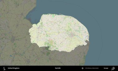 Norfolk. Birleşik Krallık 'ın idari alanı karartılmış bir OpenStreetMap tarzı Alman haritasına vurgulanmış ve özetlenmiştir