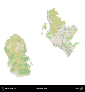 Kuzey Ayrshire. Birleşik Krallık 'ın idari alanı bir OpenStreetMap Alman stili haritasında beyazda izole edildi