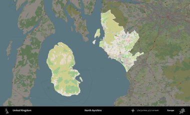 Kuzey Ayrshire. Birleşik Krallık 'ın idari alanı karartılmış bir OpenStreetMap tarzı Alman haritasına vurgulanmış ve özetlenmiştir