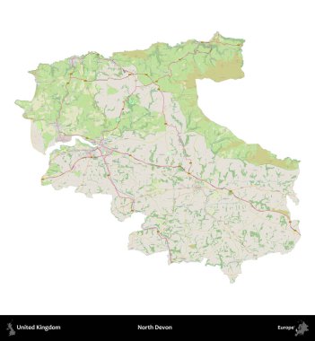 Kuzey Devon. Birleşik Krallık 'ın idari alanı bir OpenStreetMap Alman stili haritasında beyazda izole edildi