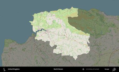 Kuzey Devon. Birleşik Krallık 'ın idari alanı karartılmış bir OpenStreetMap tarzı Alman haritasına vurgulanmış ve özetlenmiştir
