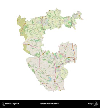 Kuzey Doğu Derbyshire. Birleşik Krallık 'ın idari alanı bir OpenStreetMap Alman stili haritasında beyazda izole edildi