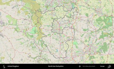 Kuzey Doğu Derbyshire. Bir OpenStreetMap Alman stil haritasında Birleşik Krallık 'ın özetlenmiş idari alanı