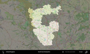 Kuzey Doğu Derbyshire. Birleşik Krallık 'ın idari alanı karartılmış bir OpenStreetMap tarzı Alman haritasına vurgulanmış ve özetlenmiştir
