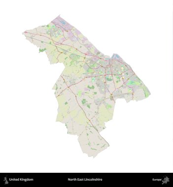 Kuzey Doğu Hughnshire. Birleşik Krallık 'ın idari alanı bir OpenStreetMap Alman stili haritasında beyazda izole edildi