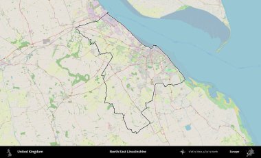 Kuzey Doğu Hughnshire. Bir OpenStreetMap Alman stil haritasında Birleşik Krallık 'ın özetlenmiş idari alanı
