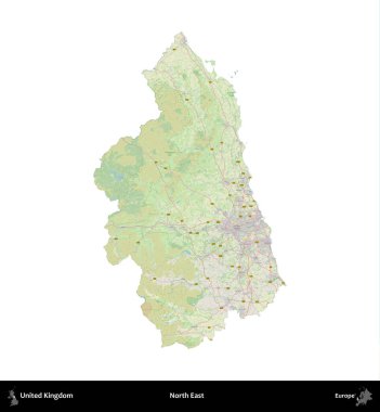 Kuzeydoğu. Birleşik Krallık 'ın idari alanı bir OpenStreetMap Alman stili haritasında beyazda izole edildi