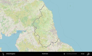Kuzeydoğu. Bir OpenStreetMap Alman stil haritasında Birleşik Krallık 'ın özetlenmiş idari alanı