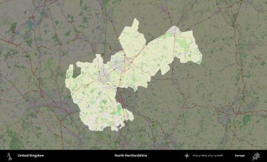 Kuzey Hertfordshire. Birleşik Krallık 'ın idari alanı karartılmış bir OpenStreetMap tarzı Alman haritasına vurgulanmış ve özetlenmiştir