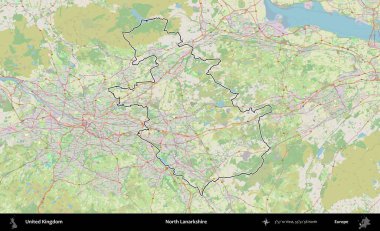 Kuzey Lanarkshire. Bir OpenStreetMap Alman stil haritasında Birleşik Krallık 'ın özetlenmiş idari alanı