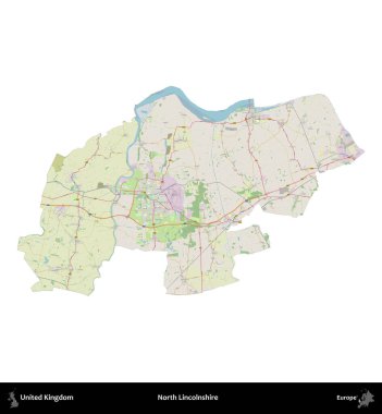Kuzey Hughnshire 'da. Birleşik Krallık 'ın idari alanı bir OpenStreetMap Alman stili haritasında beyazda izole edildi