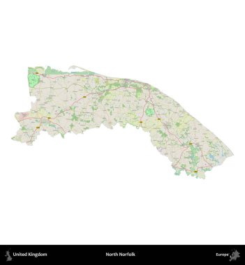 Kuzey Norfolk. Birleşik Krallık 'ın idari alanı bir OpenStreetMap Alman stili haritasında beyazda izole edildi