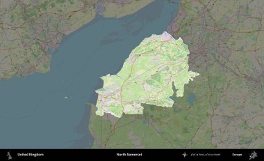 Kuzey Somerset. Birleşik Krallık 'ın idari alanı karartılmış bir OpenStreetMap tarzı Alman haritasına vurgulanmış ve özetlenmiştir