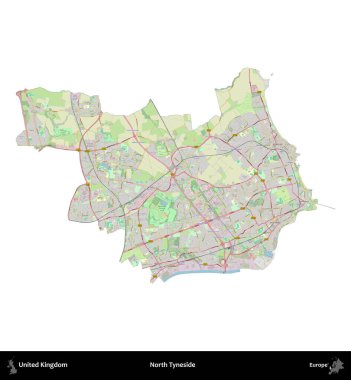 Kuzey Tyneside. Birleşik Krallık 'ın idari alanı bir OpenStreetMap Alman stili haritasında beyazda izole edildi